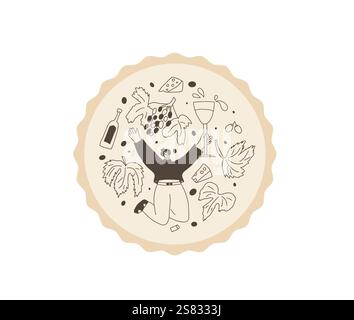 Wine club emblem. Woman with wine bottle on round stamp. Tasting event circular perforated edges label. Party with alcohol drinks. Person visit a vine Stock Vector