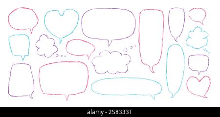 Speech bubbles set. Crayon doodle text outline frames. Chat dialog boxes. Comic talk clouds by chalk or pencil isolated on white background. Childish Stock Vector