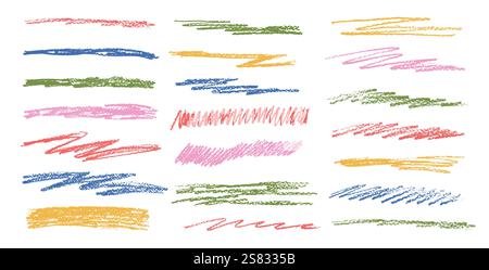 Crayon underline set. Pencil scribble lines pack. Vector hand drawn brush stroke collection illustration isolated on white background. Kids highlights Stock Vector