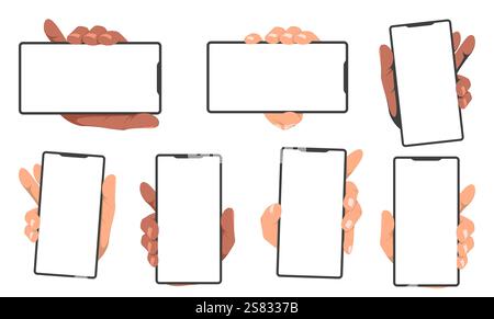 Human hands holding mobile phones with empty blank screens Stock Vector