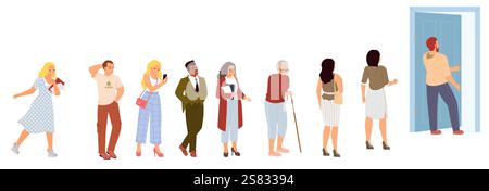 Diverse people of different age crowd standing in queue front of door Stock Vector