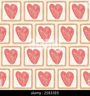 Hearts crayon drawn on square frame seamless pattern. Valentines day retro doodle rectangle borders repeat background. Love symbols endless backdrop. Stock Vector
