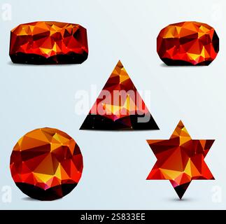 Geometric shapes. Set of luminous rubies on light background Stock Vector