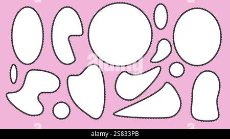 Scallop edged frame templates set. Oval and irregular brutalist shapes. Geometry borders with perforation. Label textboxes Lace frill pack. Trendy blo Stock Vector