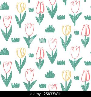 Tulip flowers and grass crayon drawn seamless pattern. Colorful floral allover background. Stylized botany repeat cover. Surface pattern design spring Stock Vector