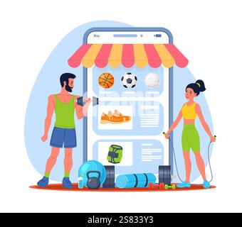 Online shopping for sports and fitness products. Man and woman buying sort uniform and equipment in internet shop. Mobile app on smartphone screen Stock Vector