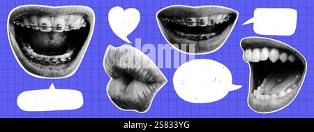Halftone mouth and lips set with speech bubbles. Y2K style. Modern vector illustration Stock Vector