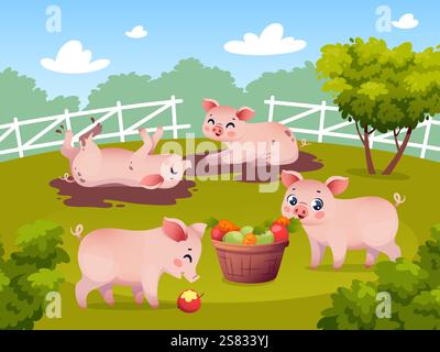 Funny little piglets. Pink pigs frolic in mud, cute farm animals playing in puddle, cartoon mascot childish characters in nature, summer meadow Stock Vector