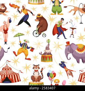 Circus show performers and animals seamless pattern. Chapiteau artists, circus tent, clown, strongman, magician. Textile, wrapping, wallpaper design Stock Vector