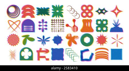 Geometric risograph offset shapes set. Brutalism style figures pack. Retro y2k forms. Graphic distortion stickers. Primitive grainy icons. Vector flat Stock Vector