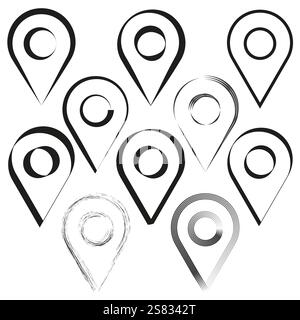 Location pin icon. Abstract navigation design. Black and white style. Dynamic linear shapes. Stock Vector