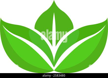 Bright green leaf vector logo with symmetrical design, representing nature, wellness, ecological balance Stock Vector