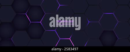 Dark purple horizontal hexagonal technology abstract vector background. Purple and pink bright energy flashes under hexagon in futuristic modern Stock Vector