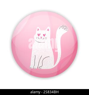 Glossy badge button with cute white cat in love. Round plastic pin. Vector illustration Stock Vector