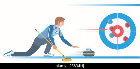 Winter sport. Man Playing Curling. Player with stone and brush on a ice rink. Curling Sheet and Stones near center button on Background. Arrow indicat Stock Vector