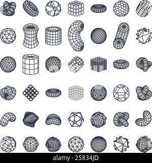 Collection of abstract geometric wireframe y2k shapes. Abstract futuristic design. Stock Vector