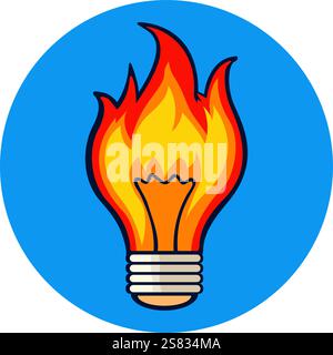 Vector illustration of burning light bulb on round blue background. Fire flames. Concept of inspiration and ideas Stock Vector