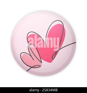 Glossy badge button with two hearts drawn with continuous line. Round plastic pin. Vector illustration Stock Vector