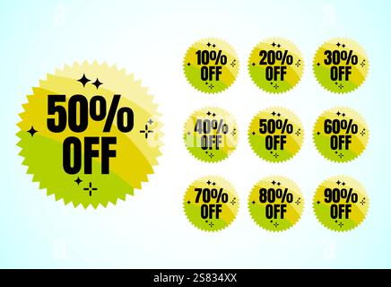 Up to 10, 20, 30, 40, 50, 60, 70, 80, and 90 percent off, Sale tags set. Sale offer sign. Special offer symbol. Discount promotion Stock Vector