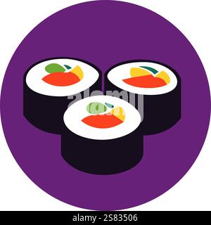 Three sushi rolls with colorful ingredients inside, wrapped in seaweed, served on purple background. Japanese cuisine. Vector illustration Stock Vector