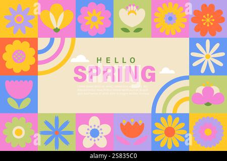 Spring geometric banner with symbols of season. Stock Vector