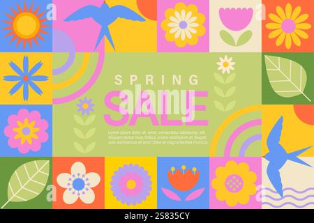 Spring sale geometric banner, symbols of season Stock Vector