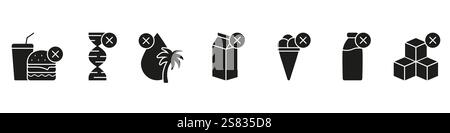 Unhealthy Food Silhouette Icon Set to Avoid in Diet. Nutrition Symbols for Unhealthy Food and Drink Exclusion. Health and Nutrition Management Stock Vector