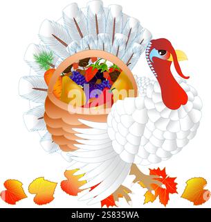 Turkey with vegetables and fruits in a basket. Stock Vector