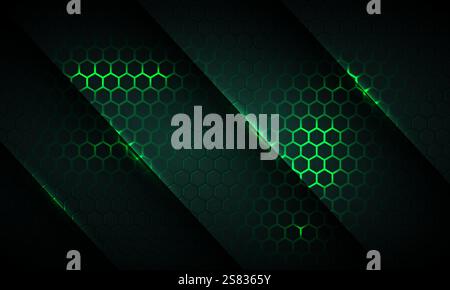 Dark green hexagon gaming abstract vector background with green colored bright flashes. Vector illustration with honeycomb texture grid Stock Vector