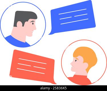 Two male colleagues engaging in communication through a chat app, exchanging messages and sharing ideas via colorful speech bubbles on their smartphon Stock Vector