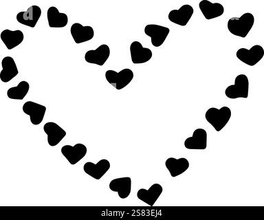 Many small black hearts are forming a large heart shape on a clean white background, creating a simple yet striking visual representation of love and Stock Vector