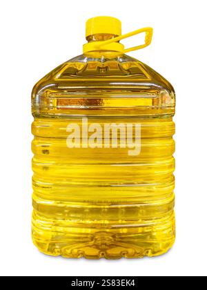 Plastic five-liter bottle of sunflower or peanut or corn seed oil isolated on white with clipping path included Stock Photo
