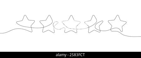 Continuous line illustration of a five-star rating, representing evaluation and product review. Stock Vector