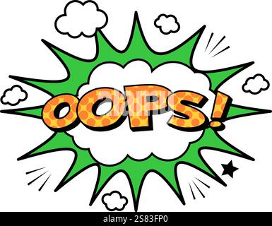 Oops word is exploding from a comic book speech bubble with a green starburst and white clouds, expressing surprise or a mistake in a humorous and Stock Vector