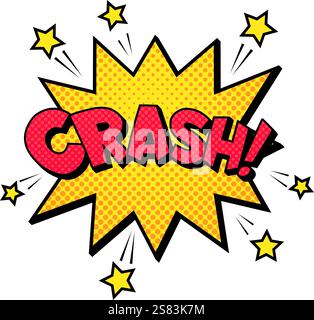 Comic book explosion with the word crash exploding from a yellow star shape with red letters and yellow stars surrounding it on a white background Stock Vector