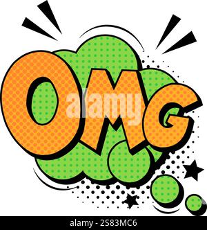 Colorful pop art expression bursting from a vibrant green cloud, featuring halftone dots and stars, vividly capturing feelings of surprise and Stock Vector