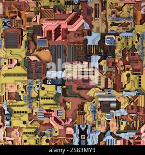 3d render, illustration of motherboard, silicon components, chip, big data, futuristic abstract concept of internet and information technology. Techno Stock Photo