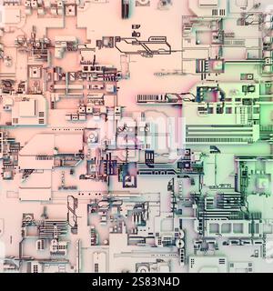 3d render, illustration of motherboard, silicon components, chip, big data, futuristic abstract concept of internet and information technology. Techno Stock Photo