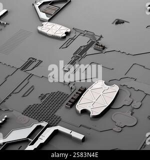 3d render, illustration of motherboard, silicon components, chip, big data, futuristic abstract concept of internet and information technology. Techno Stock Photo