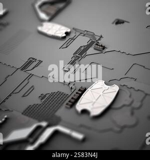 3d render, illustration of motherboard, silicon components, chip, big data, futuristic abstract concept of internet and information technology with de Stock Photo