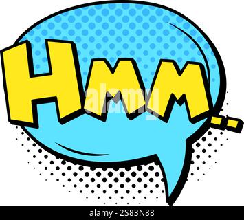 Yellow hmm text sitting inside a light blue speech bubble featuring a halftone pattern, conveying doubt and confusion in a playful comic book style Stock Vector