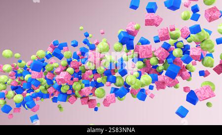 3d illustration. concept of abstract idea. Group of colorful cubes flying in the air Stock Photo