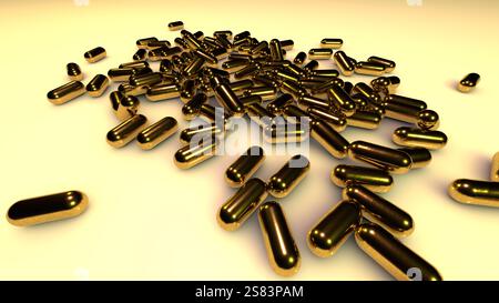 Abstract pile of objects that look like golden pills or bullets. 3D ...