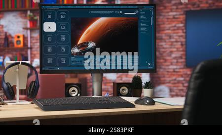 Computer screen in room with generative artificial intelligence website generating videos using diffusion models. Monitor showing AI virtual assistant producing clips, handheld camera shot Stock Photo