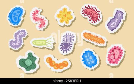 Bacteria and virus illustration set. Pathogenic bacteria, viruses and microbes, disease-causing, color germs, bacterium type, microorganism infection Stock Vector