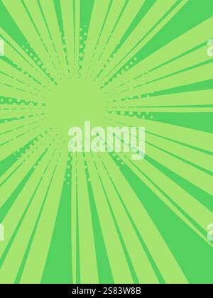 Green sunburst background features halftone dots and radial lines emanating from a central point, creating a dynamic and vibrant effect suitable for v Stock Vector