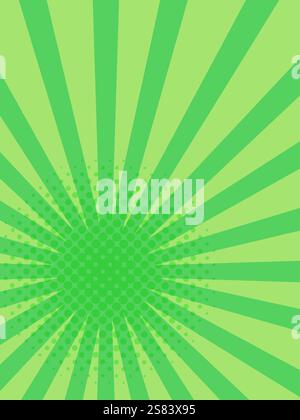 Green sunburst background spreading from halftone dots center creating a dynamic and vibrant backdrop, perfect for comic books, posters or graphic des Stock Vector