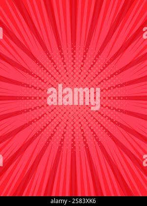 Red zoom lines and halftone dots converging to the center creating a vibrant and dynamic backdrop, ideal for comic books, graphic design, or any Stock Vector