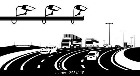 Traffic enforcement cameras on speed highway – vector illustration Stock Vector