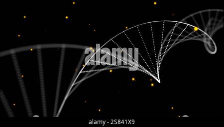 Image of dna strands spinning and glowing spots of light over black background Stock Photo